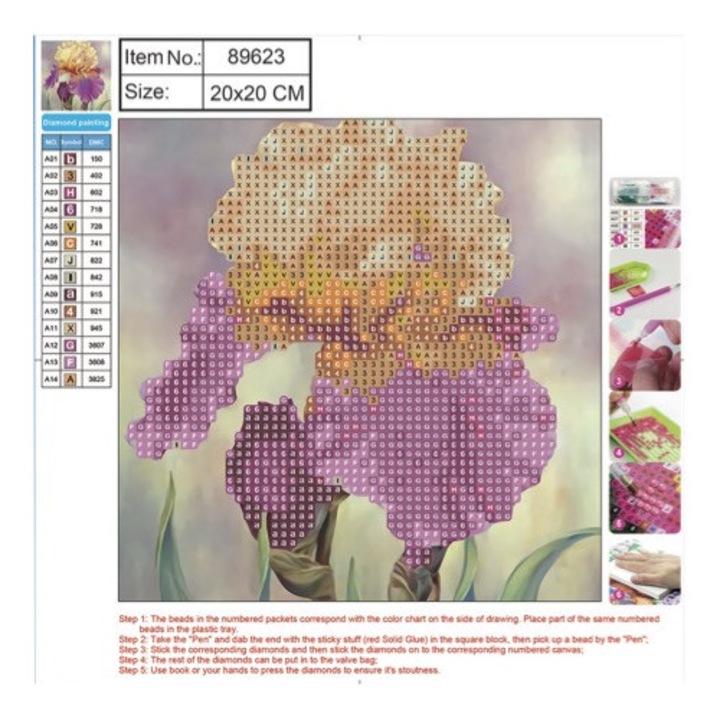Kit mozaic cu pietre acrilice, dimensiune 200 x 200 mm. Model flori
