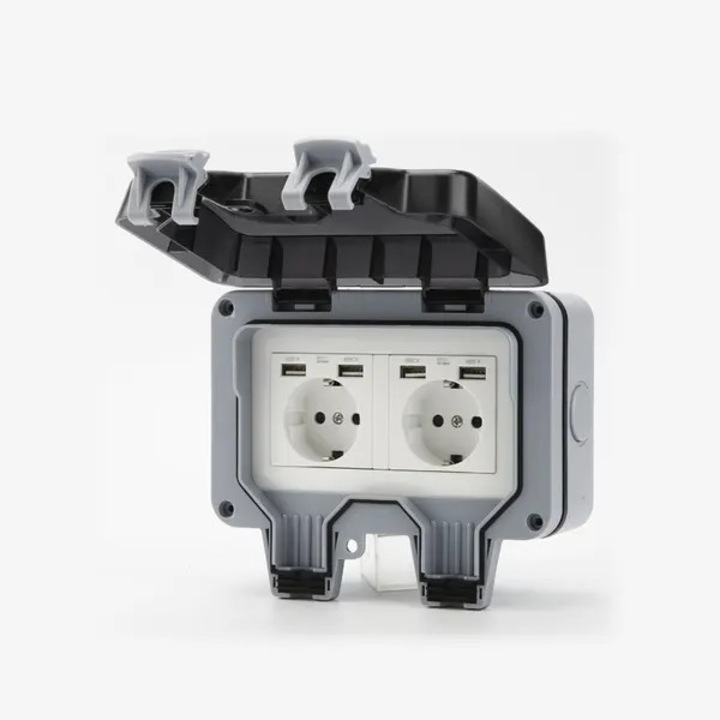 Cutie priza etansa VITERRA.4-25CDCJ-K0232-260829-6457, 2 prize Schuko si 4 porturi USB, cu capac si intrerupator, IP66, ABS, gri, 19.8 x 11 x 10 cm, 16A, AC220V