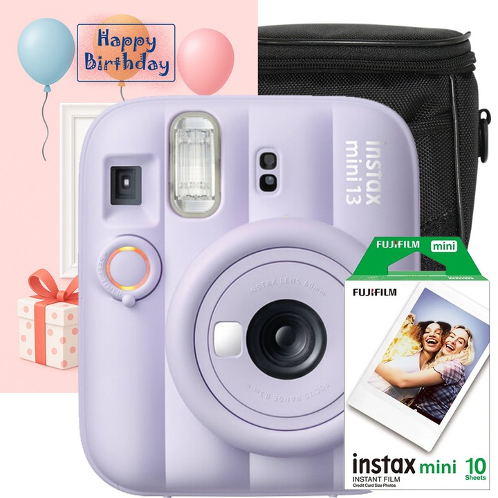 Fujifilm instax mini 13 Dreamy Purple, lila ajándék szett + 10 db-os film + fekete tok + üdvözlőkártya