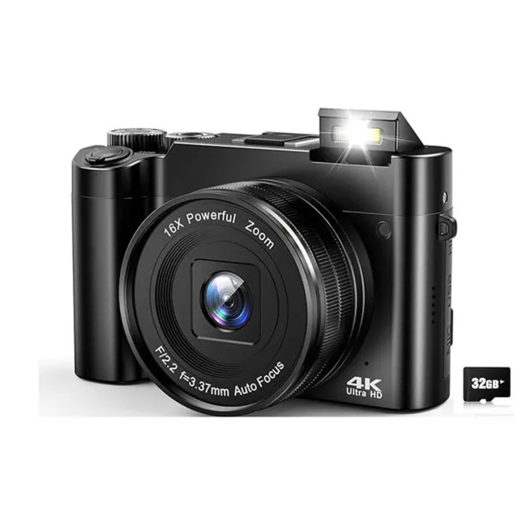 Kettős digitális fényképezőgép 64MP 4K, fekete, 12.6x6.8x7.4cm