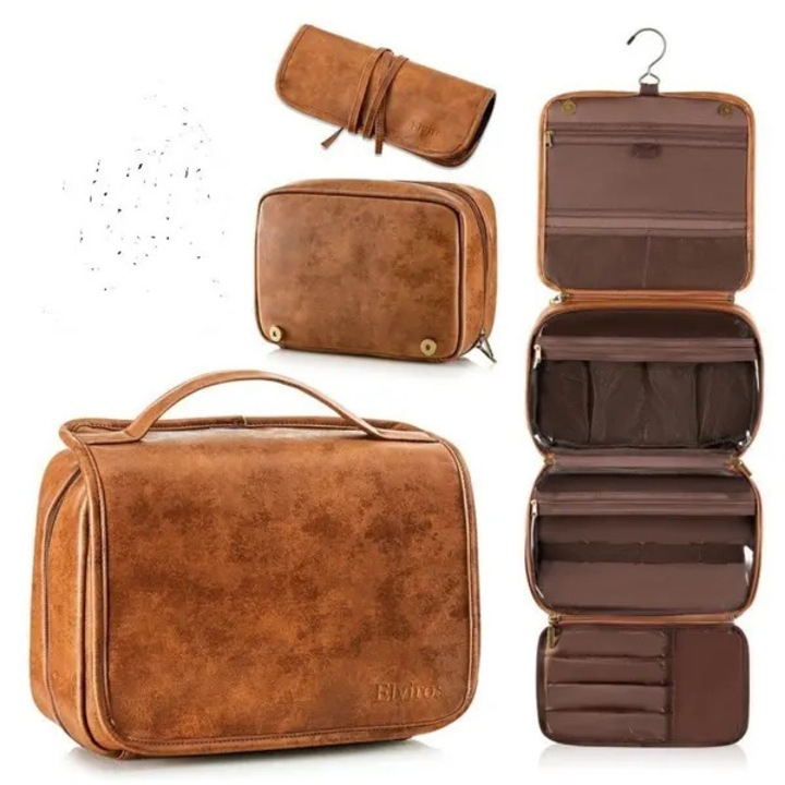 Geanta cosmetica 3-in-1, piele PU, maro, 28x22x10cm, cu carlig de agatat