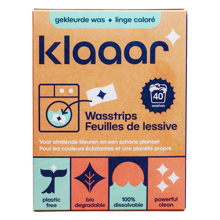 KLAAAR mosószer, előre adagolt oldódó lapok, színes ruhákhoz