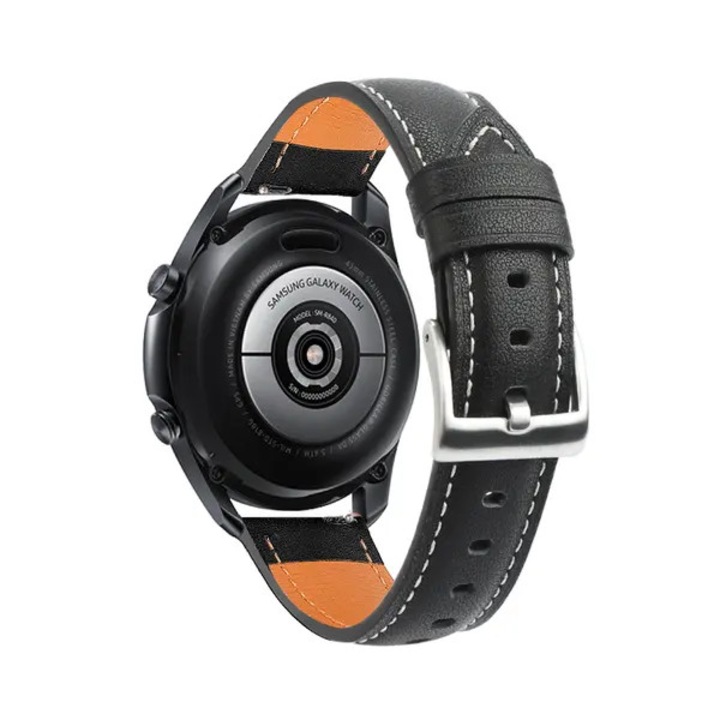 Curea ceas din piele, cusaturi contrastante, catarama metalica, compatibila Samsung Galaxy Watch 3 (45 mm), negru, 22 mm