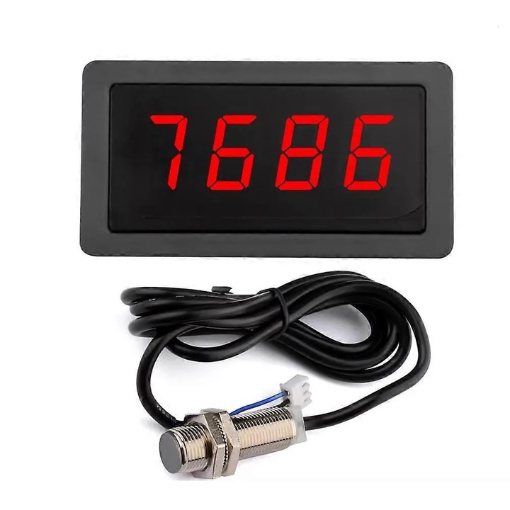 Tachometru digital LED 9999RPM, senzor Hall NPN 5V, 76x39.5mm, negru