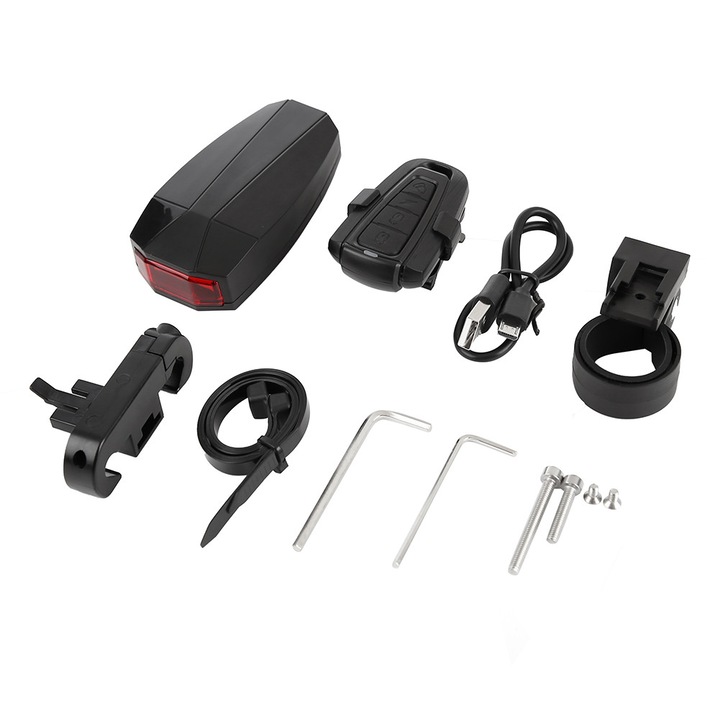 Intelligens kerékpár hátsó lámpa riasztóval, USB, IP67 vízálló, könnyű
