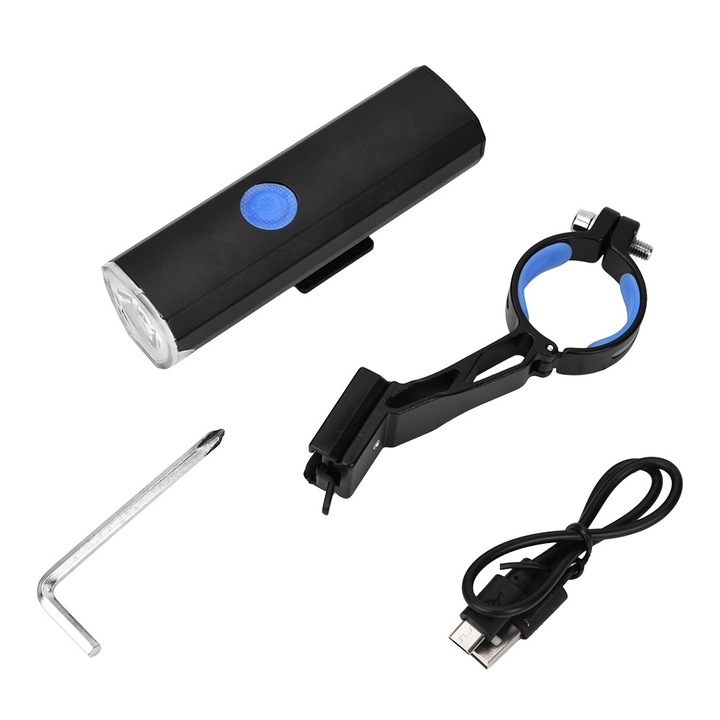LED kerékpár lámpa, alumínium, 1500LM, vízálló, 2000mAh akkumulátor, USB, fekete