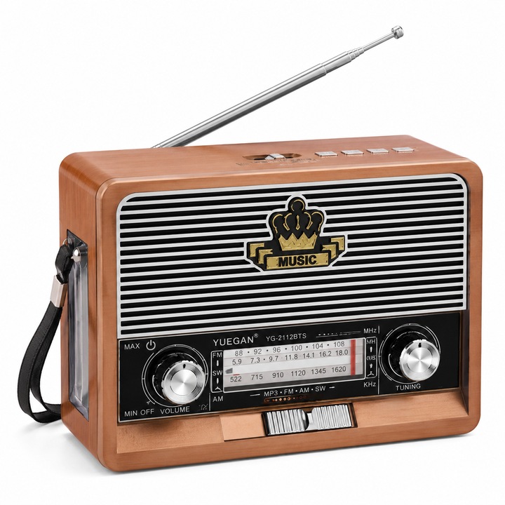 YUEGAN YG-2112BTS retro hordozható rádió, Bluetooth, FM/AM/SW, MP3 USB/TF, AUX, napelem, LED lámpa, újratölthető akkumulátor, barna