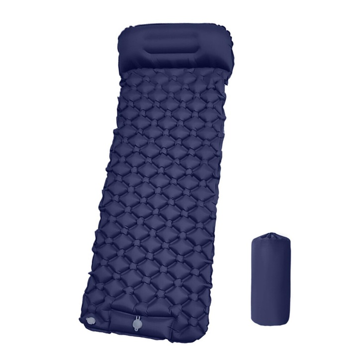Kemping matrac beépített párnával, sötétkék, 26x10x10cm, könnyű és kompakt