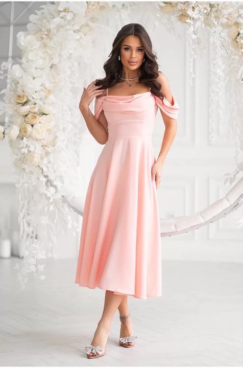 Elegáns, babydoll stílusú, midi, kajszibarack rózsaszín Bicotone ruha, nyitott vállakkal, Őszibarack rózsaszín