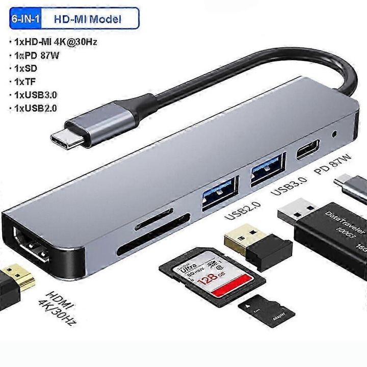 Hub USB C 6 in 1, HDMI 4K, cititor card SD/TF, incarcare PD, negru