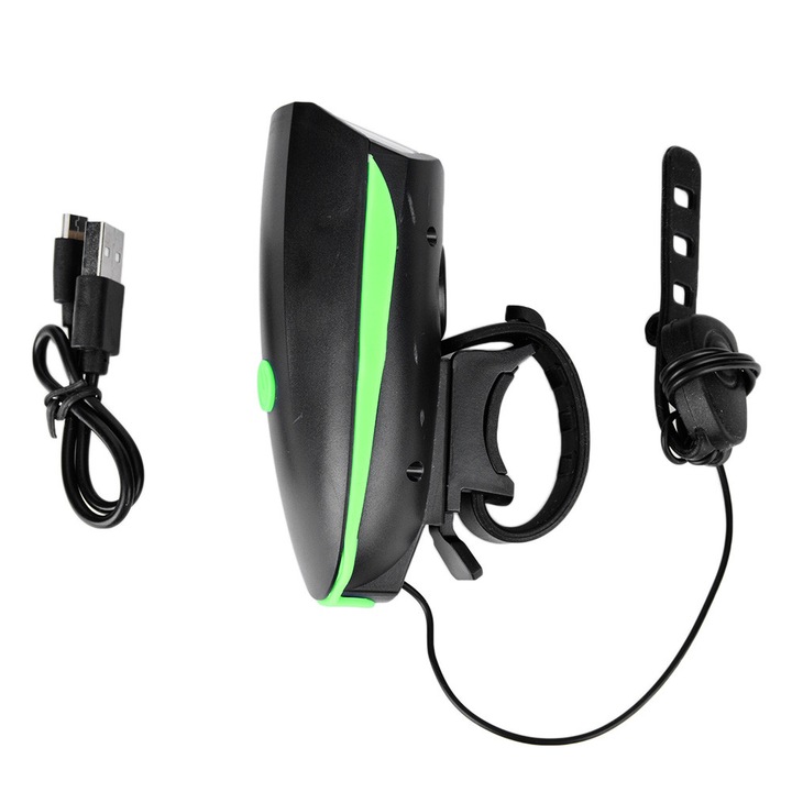 Kerékpár első lámpa USB töltéssel, kürt, zöld, ABS, kompakt