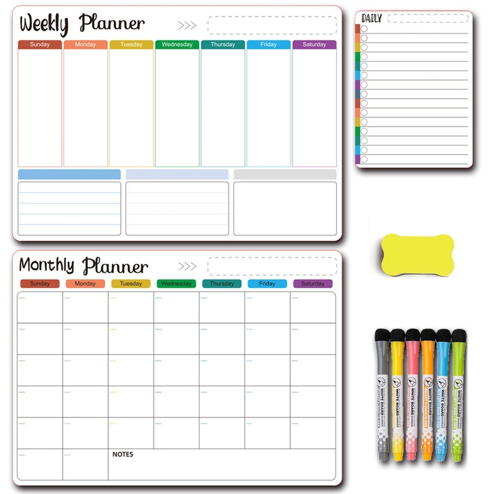 Planner magnetic autoadeziv E44-36-A148-e-2304, set tabla alba stergabila (planner saptamanal, lunar, zilnic), alb, 42 x 30 cm, include 6 markere si burete