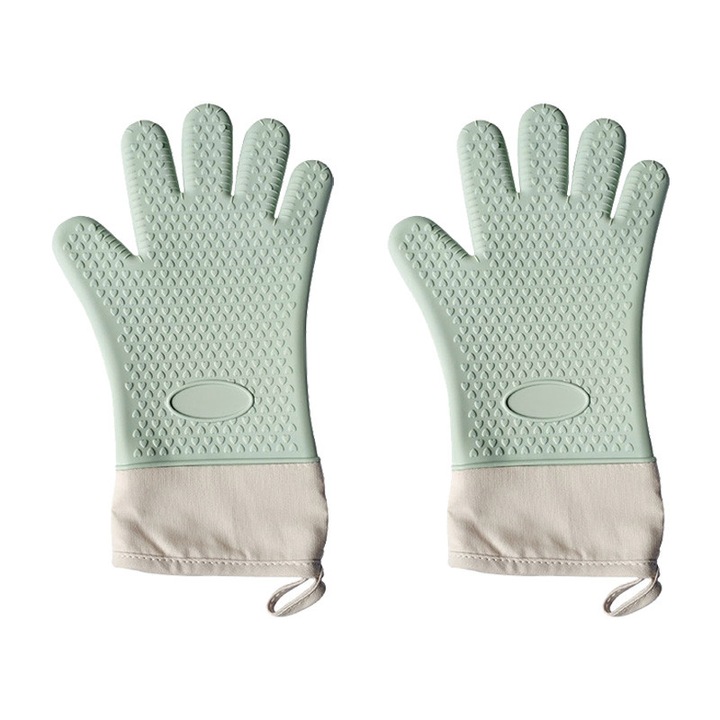 2 db élelmiszeripari szilikon sütőkesztyű szett, hőálló, textil mandzsettával és csúszásmentes felülettel, mentazöld, 33,5 x 19,5 cm