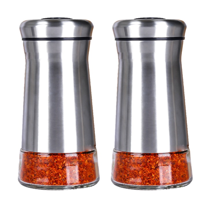 Set rasnite si dozatoare condimente sticla, ajustabile, inox, elegant