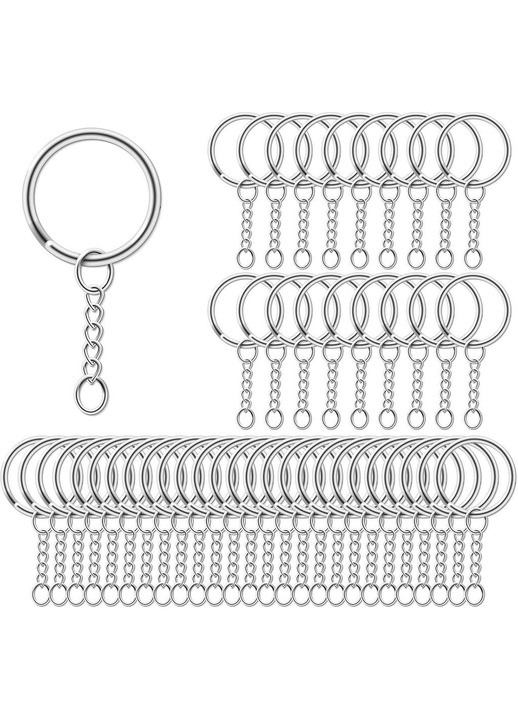 Set brelocuri metalice cu lant 25mm argintiu 100buc