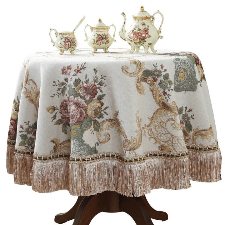 Vintage kerek jacquard asztalterítő virágos zsenília mintával, többszínű pomponokkal