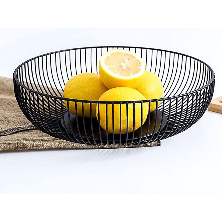 Bol pentru fructe rotund negru alb, suport paine, metal, capacitate mare