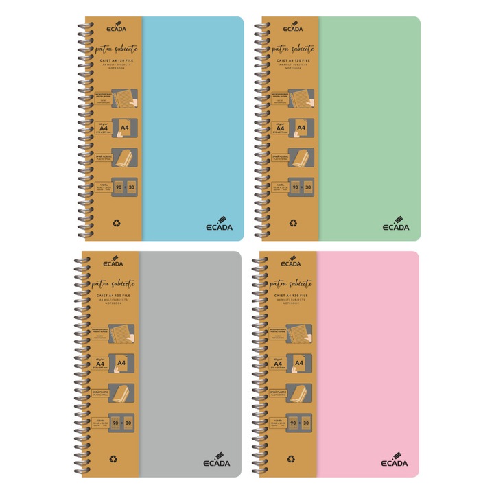 Caiet Ecada®, Dictando, A4, 120 file, 60 g/m², 210 x 297 mm, Coperta Plastic, Spirala, Roz, Scoala generala, Liceu, Facultate, sku28