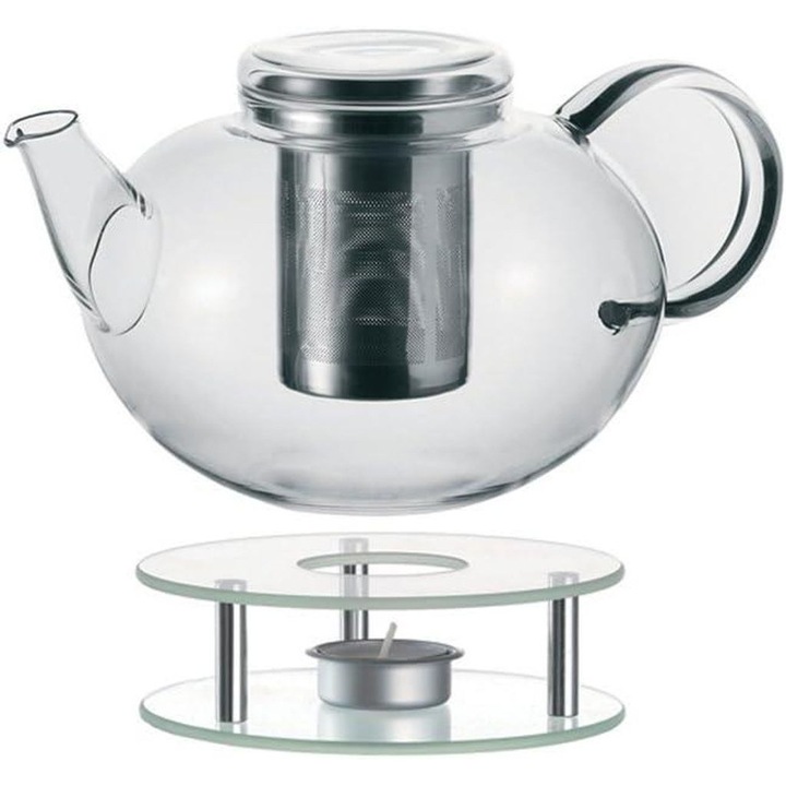 Teáskanna és melegítő szett, hőálló üveg és rozsdamentes acél, 1500ml, 35.5cm