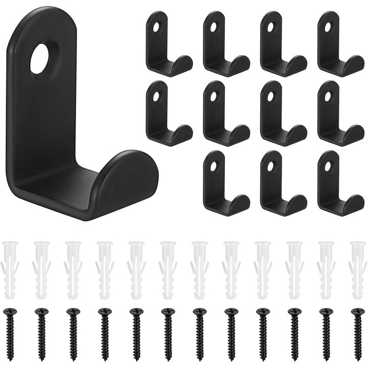 12 db fekete fali kampó készlet, szénacél, 30x16mm