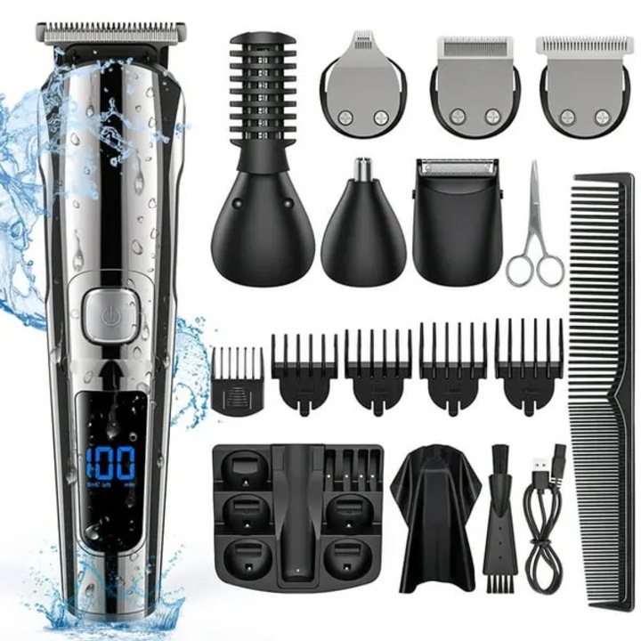 Trimmer multifunctional 16‑in‑1 FU-K0518-260905-1036, rezistent la apa IPX7, lame inox auto-ascutitoare, incarcare USB rapida, autonomie pana la 90 min, afisaj LCD %, argintiu/negru