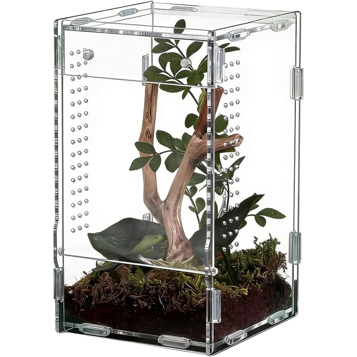Terariu acrilic pentru reptile si paianjeni saritori, ventilat, transparent, 30x30x30cm