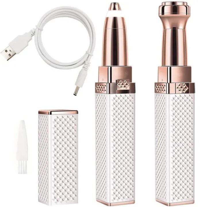Szemöldök epilátor és arctrimmer, fehér, 13x2cm, USB újratölthető, 2 cserélhető fejjel ellátva