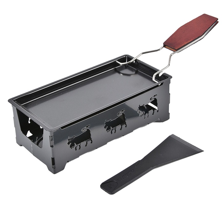 Összecsukható raclette serpenyő, szénacél, tapadásmentes, spatulával, fekete, kompakt