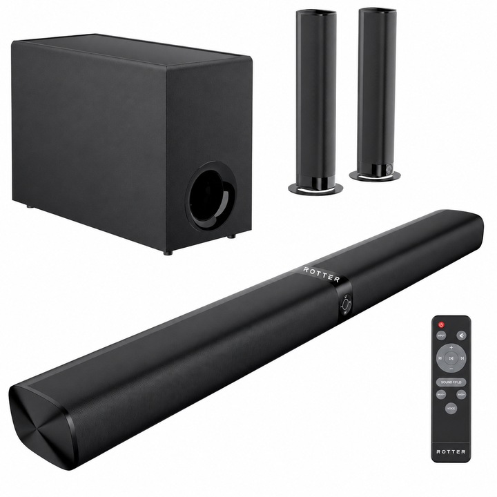 Soundbar wireless ROTTER® 2.1 cu subwoofer, Soundbar Bluetooth 5.3, Soundbar TV, Bara de sunet 300W, HDMI ARC, Dolby ATMOS, AUX, Soundbar cu bass profund, Difuzoare detasabile, Montare pe perete, Telecomanda, EQ, Cinema, Gaming, Muzica, Audio 3D, Negru
