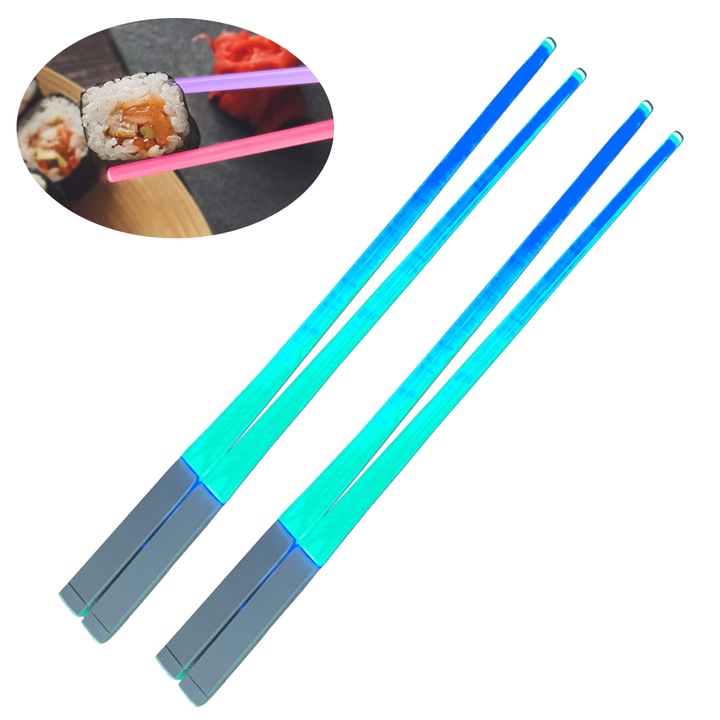 2 pár világító LED evőpálcika szett, piros és kék, műanyag, újrafelhasználható, 22cm