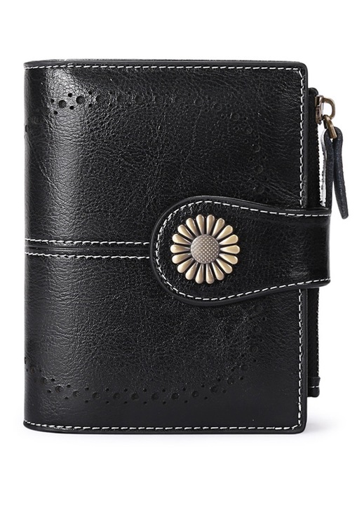 Portofel dama piele ceruita, negru, 16 carduri, 10x8cm