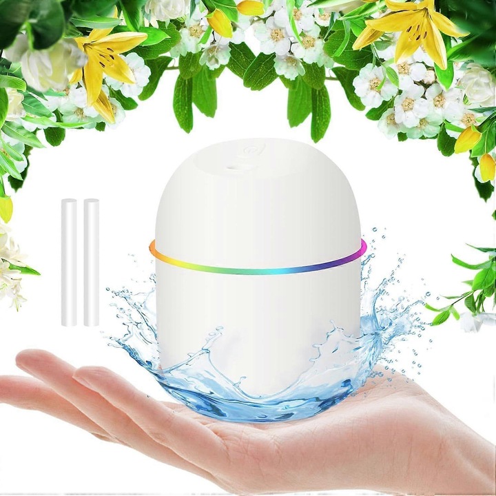 Mini párásító, 220ml, USB, LED, csendes, fehér