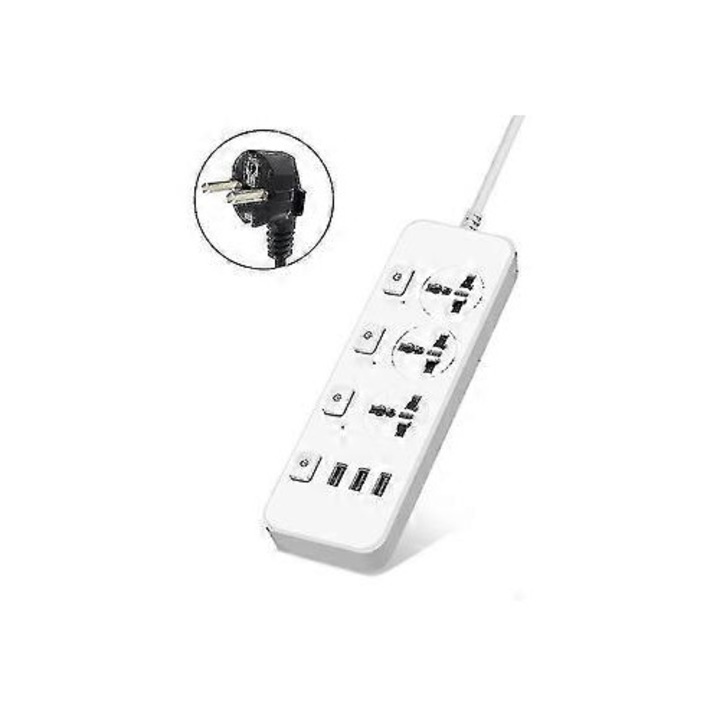 Разклонител с 3 контакта и 3 USB, 5V 2.1A, черен, 22.4x7.9x3см