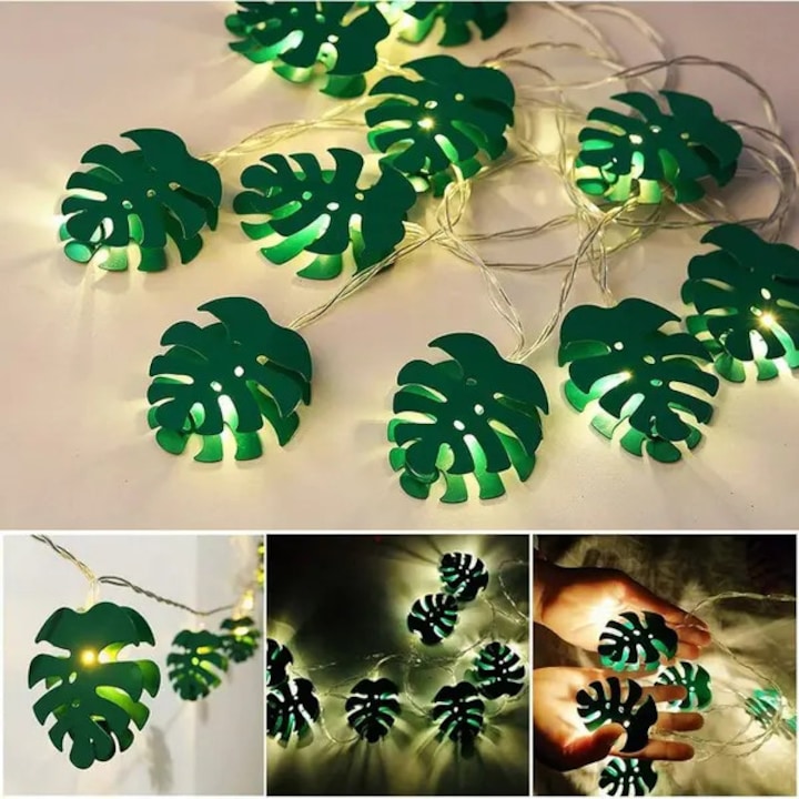 LED füzér Monstera levelekkel, zöld, 2mx4,4cm, 10 izzós készlet