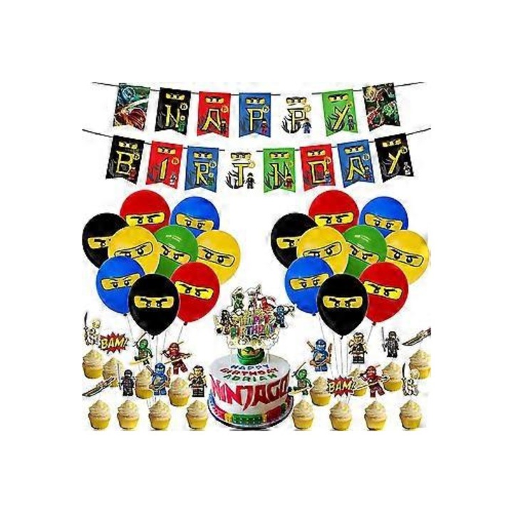 Ninjago gyerekzsúr dekorációs szett léggömbökkel és bannerrel, többszínű