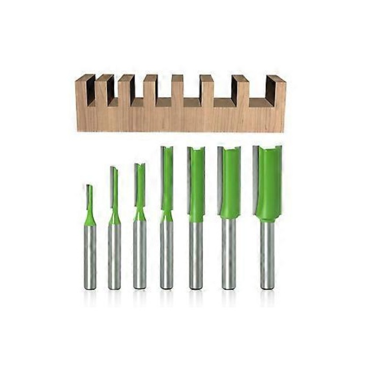 Комплект от 7 прави фрези за дърво, волфрамов карбид, зелен, 3x13x30mm