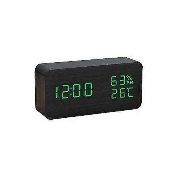 Дървен LED будилник, многофункционален, бял, 15x4.5x7см