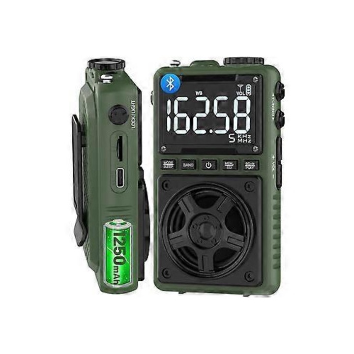Hordozható AM FM Bluetooth rádió 5W, 1250mAh akkumulátor, fekete, csipesszel és zseblámpával