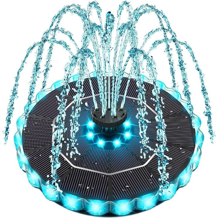 Соларна фонтана 3,5W, многоцветен LED, 8 струи, 4 котви, 1800mAh, 24 LED-а, 3 филтъра, 2000mAh, 3,5W, 8 струи, 4 котви