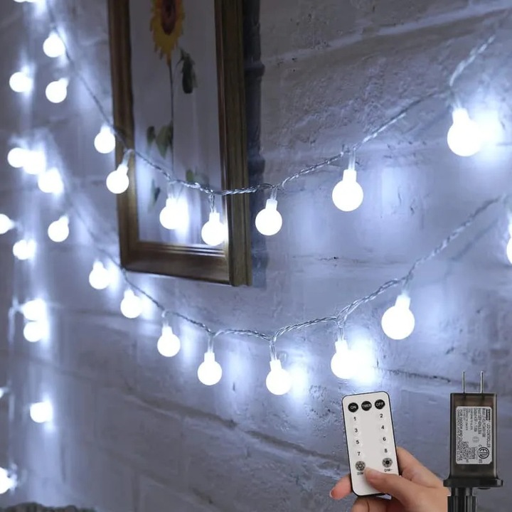 Светеща инсталация 33 фута 80 LED глобуса от пластмаса, топло бяла, с дистанционно управление