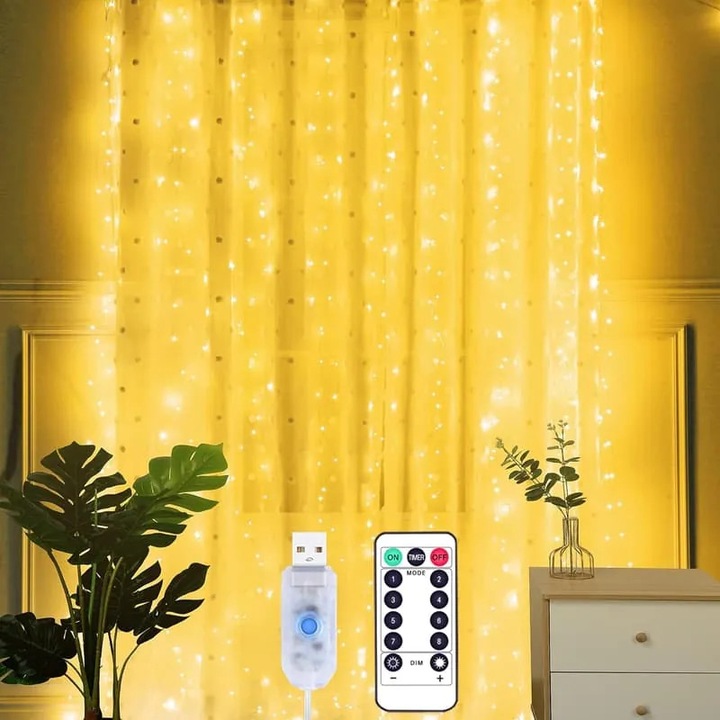 LED гирлянд 3x2м, 200 LED-а, топло бяло, IP65, с дистанционно управление
