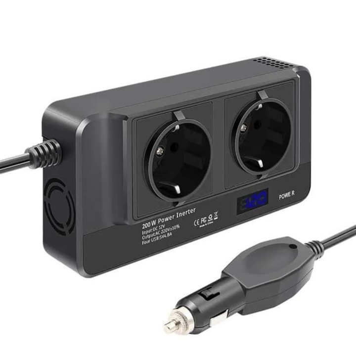 Инвертор за кола 200W 12V към 220V с LCD и 2 контакта