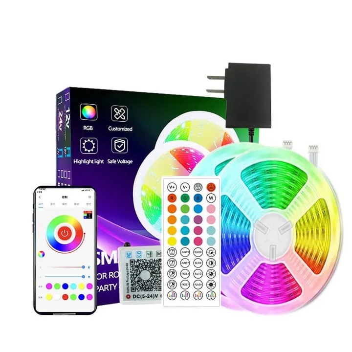 LED RGB szalag 15m, 44 gombos vezérlés, fehér, 1500x0.8x0.8cm