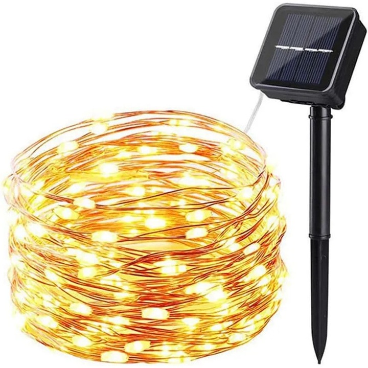 Соларна LED инсталация 20м 200 LED, мед, топло бяло, водоустойчива IP44