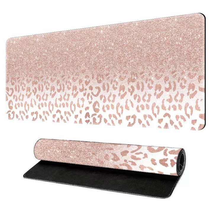 Mousepad Gaming XXL Omelivon® 90x40 cm, Model Leopard Roz-Auriu Gradient, Grosime 3 mm, Baza Cauciuc Natural Antiderapant, Margini Cusute, Impermeabil