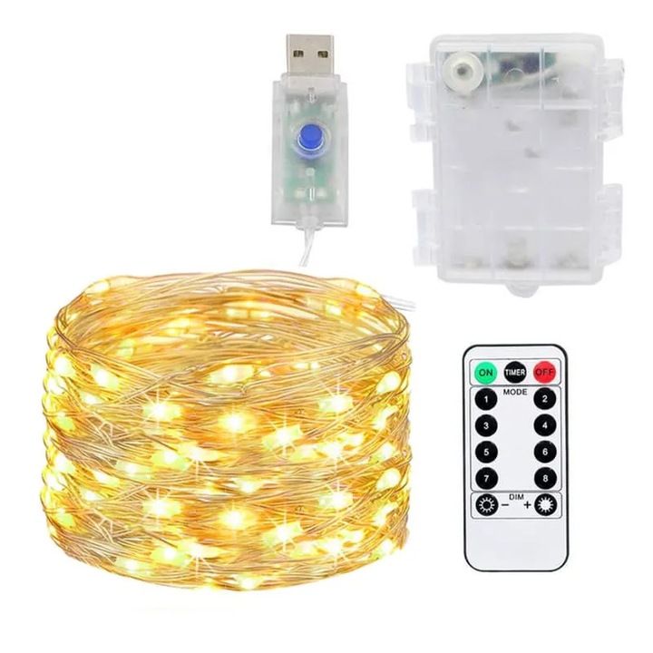 Светеща инсталация 5м 50 LED-а топло бяла гъвкава батерия