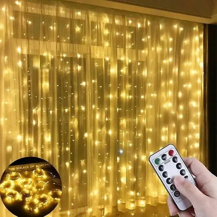 LED завеса 3x3м топла жълто-бяла светлина комплект с дистанционно управление