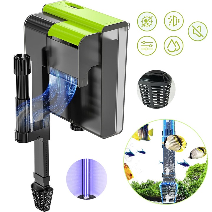 Filtru Pentru Acvariu, Filtru 4 In 1 Cu Cascada Dubla Si Lampa UV Pentru Eliminarea Apei Verzi Si A Algelor, Filtru Suspendat De 5W Reglabil, Potrivit Pentru Pesti Si Plante Acvatice
