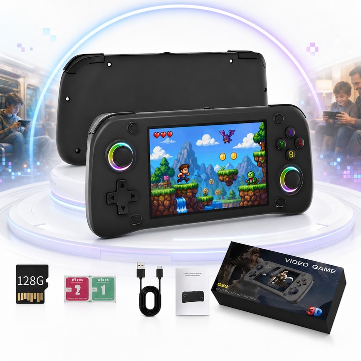 Consola de jocuri portabila retro, 30000 jocuri, ecran HD IPS 4.3 inch, card 128GB, 4GB RAM, procesor Quad Core 1.3GHz, joystick 3D, baterie 2000mAh, cadou copii si adulti