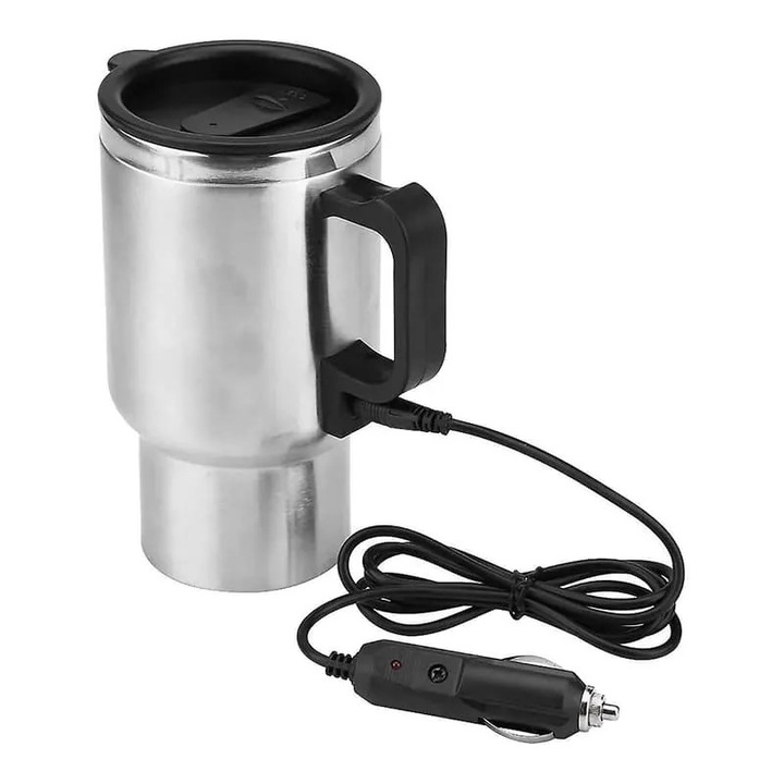 Autós fűtőbögre 450ml, rozsdamentes acél, ezüst, 12V, 128cm
